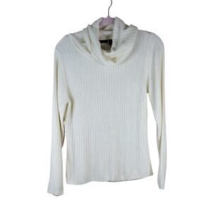 Vintage Studio Cream White Winter Ribbed Cowl Neck Turtleneck Casual Sweater
